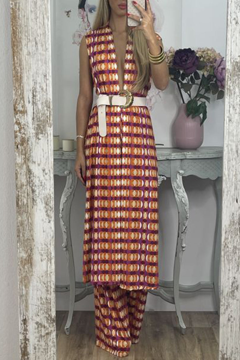 Kaynafashions - Casual Geometric With Belt Printing V Neck Sleeveless Two Pieces