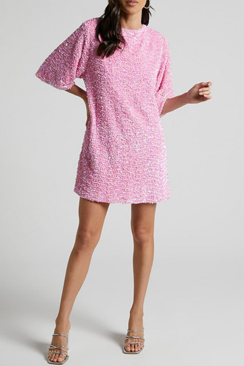 Kaynafashions - Casual Patchwork Sequins Frenulum Backless O Neck Dresses