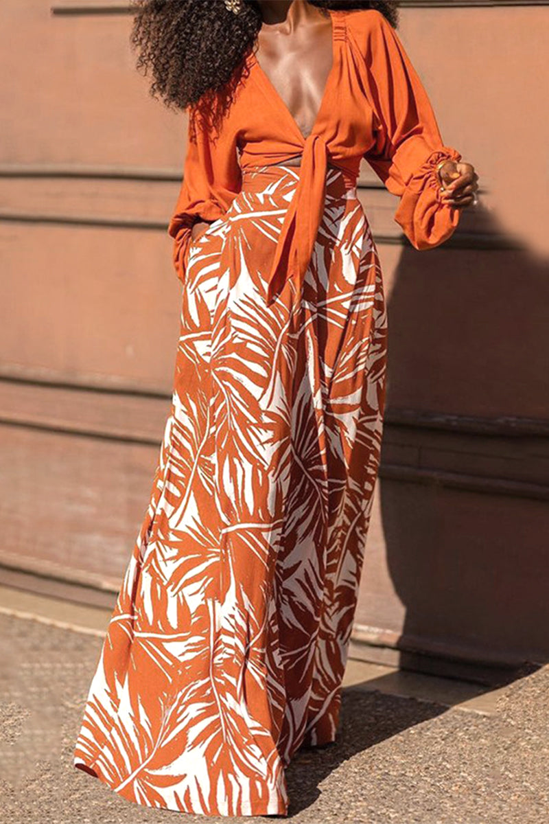 Kaynafashions - Work Elegant Print Patchwork V Neck Long Sleeve Two Pieces