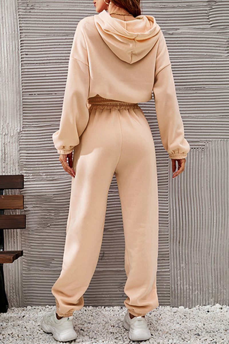 Kaynafashions - Casual Sportswear Solid Fold Hooded Collar Long Sleeve Two Pieces