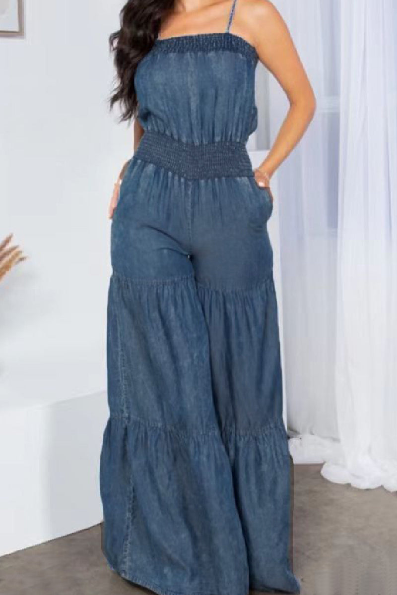 Kaynafashions - Sexy Casual Solid Backless Spaghetti Strap Sleeveless Regular Denim Jumpsuits