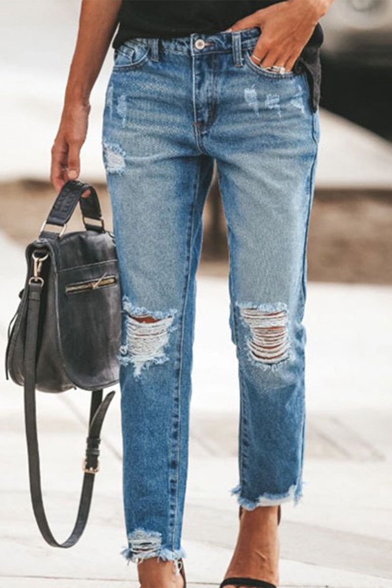 Kaynafashions - Street Solid Ripped Mid Waist Loose Denim Jeans