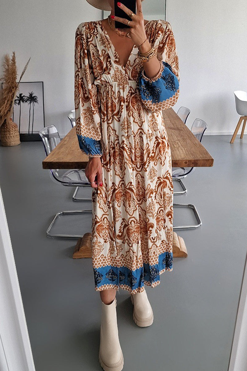 Kaynafashions - Elegant College Print Patchwork V Neck Printed Dress Dresses(4 Colors)
