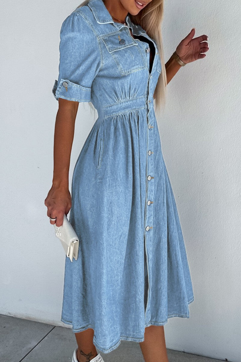 Kaynafashions - Casual Solid Patchwork Turndown Collar Short Sleeve High Waist Regular Denim Dresses