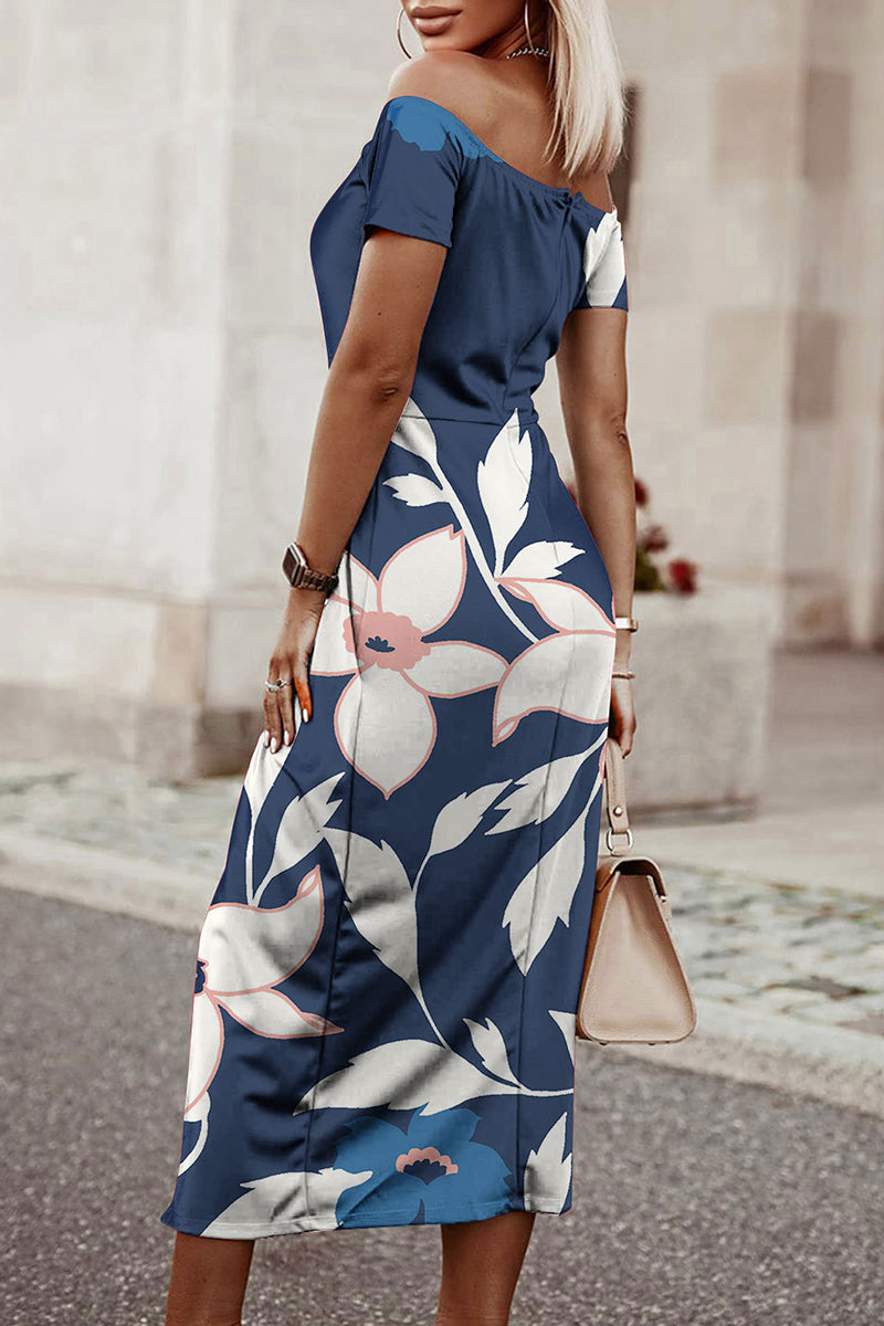 Kaynafashions - Sexy Elegant Print Patchwork Slit Off the Shoulder Printed Dress Dresses