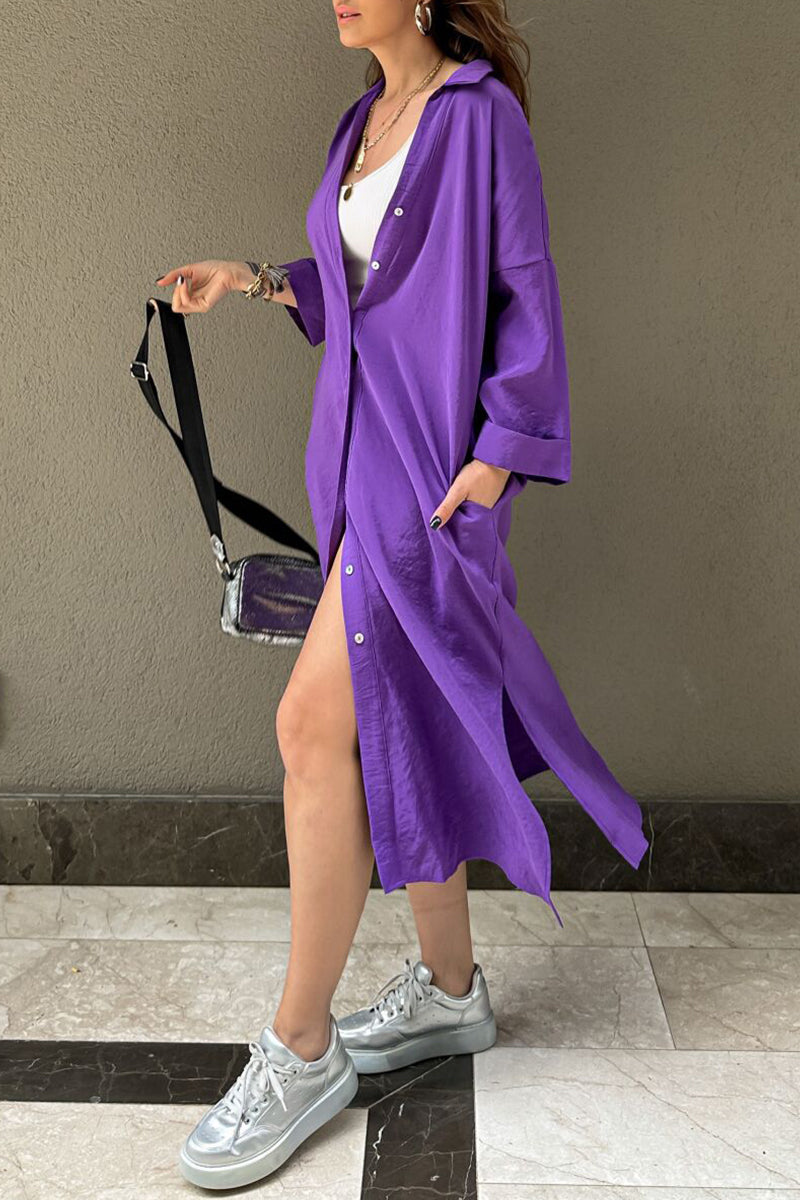 Kaynafashions - Casual Solid Buckle POLO collar Shirt Dress Dresses