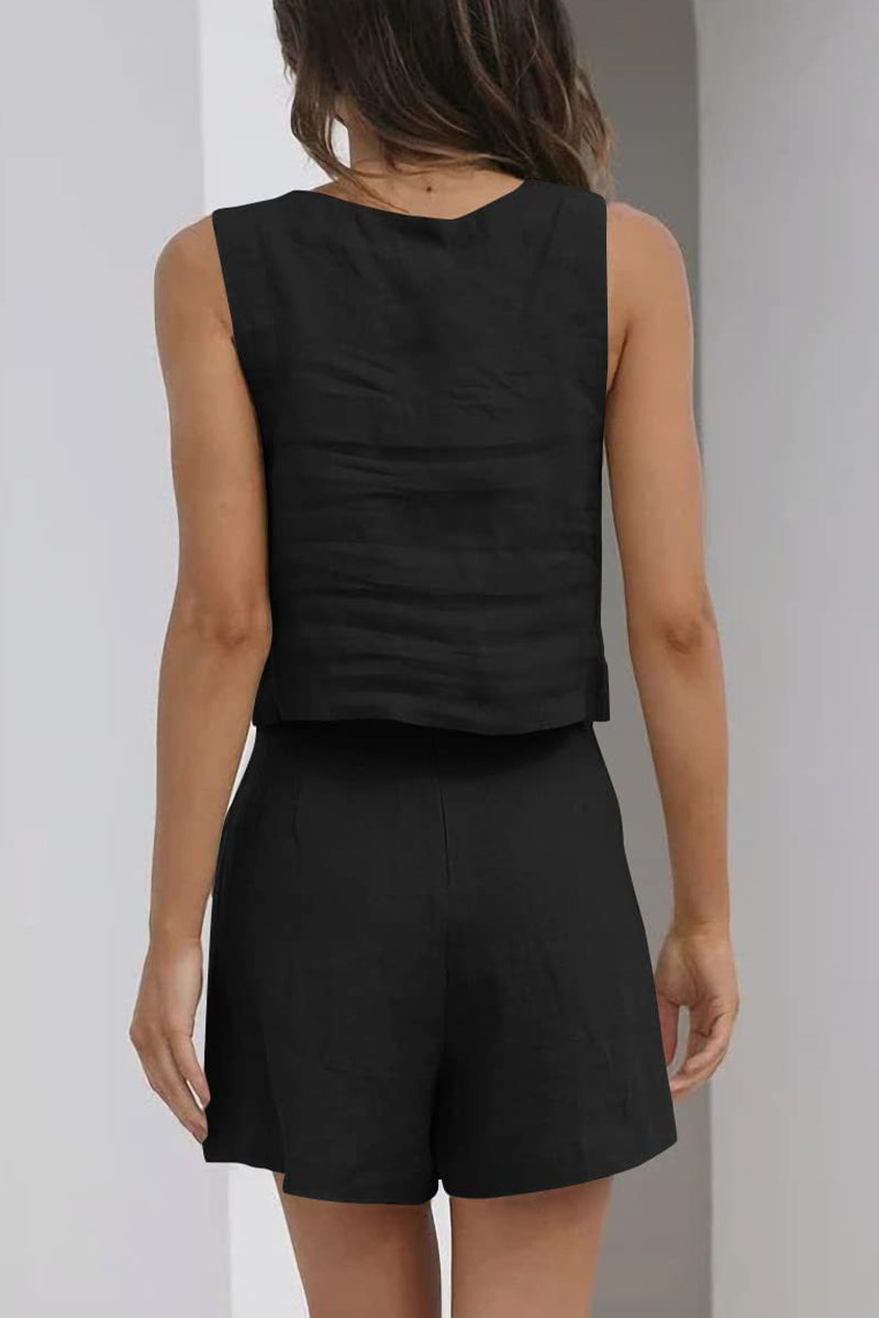 Kaynafashions - Casual Simplicity Solid Pocket Square Collar Sleeveless Two Pieces(16 Colors)