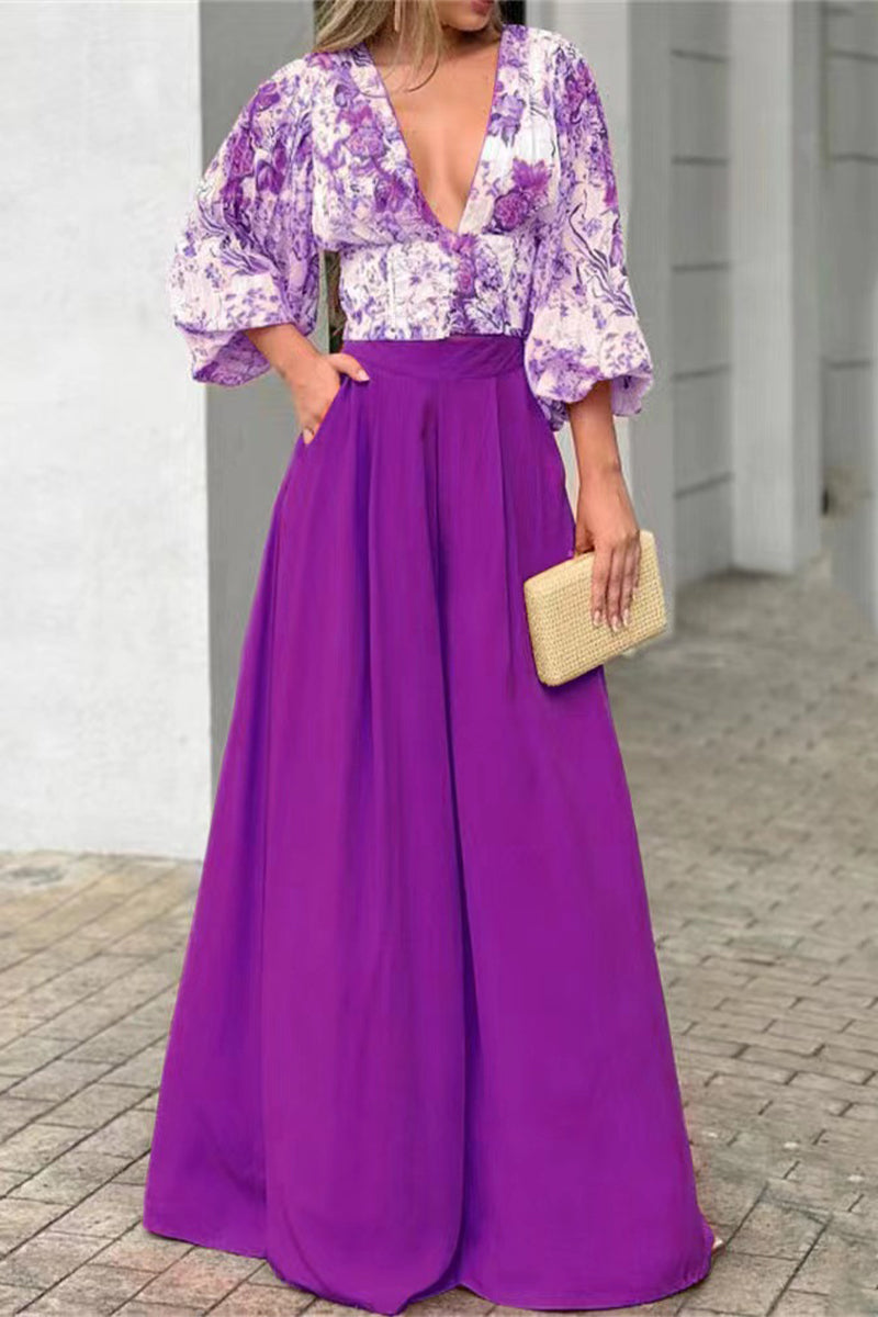 Kaynafashions - Casual Street Print Patchwork V Neck Long Sleeve Two Pieces(5 Colors)