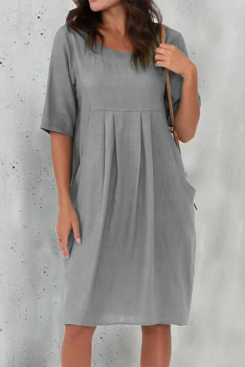 Kaynafashions - Casual Solid Fold O Neck Short Sleeve Dress Dresses