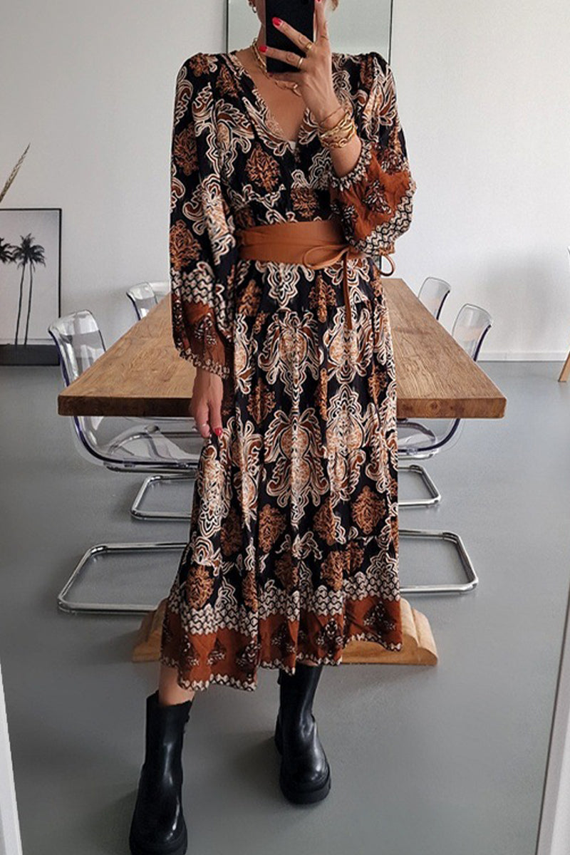 Kaynafashions - Elegant College Print Patchwork V Neck Printed Dress Dresses(4 Colors)