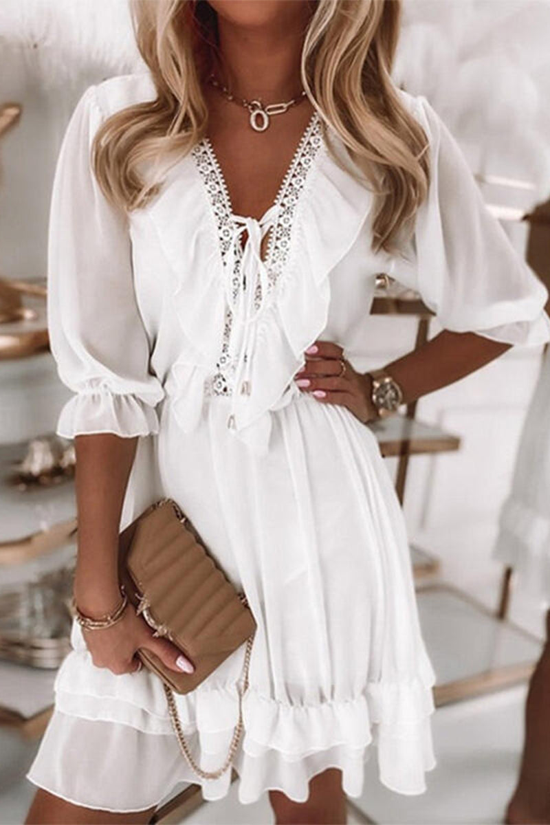 Kaynafashions - Celebrities Elegant Solid Lace Frenulum V Neck Cake Skirt Dresses