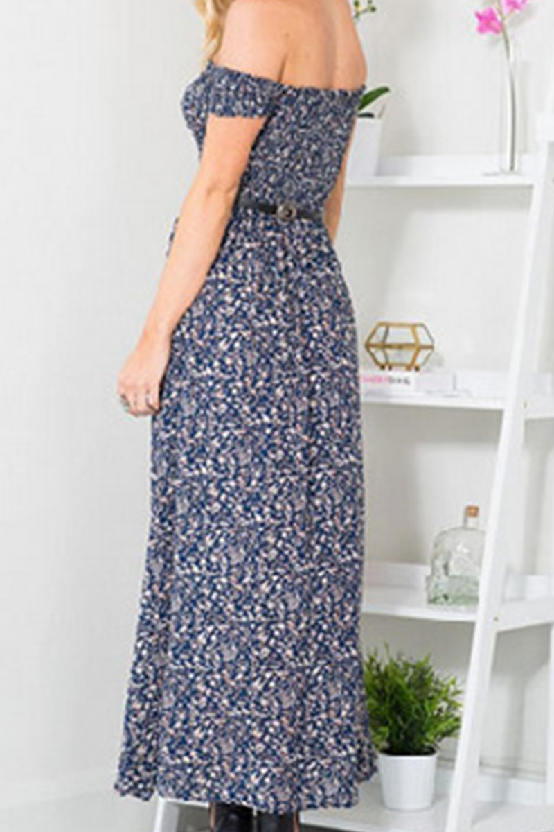 Kaynafashions - Fashion Print Slit Off the Shoulder Cake Skirt Dresses(3 colors)