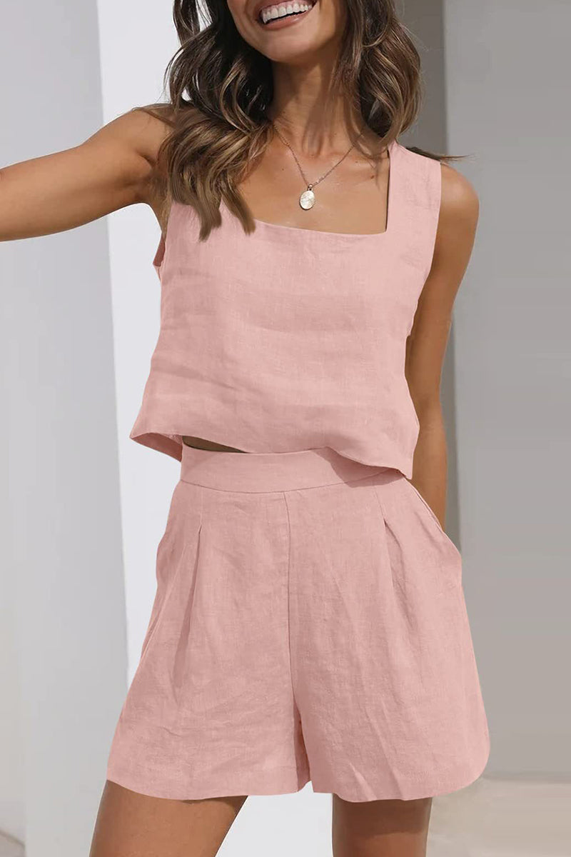 Kaynafashions - Casual Simplicity Solid Pocket Square Collar Sleeveless Two Pieces(16 Colors)