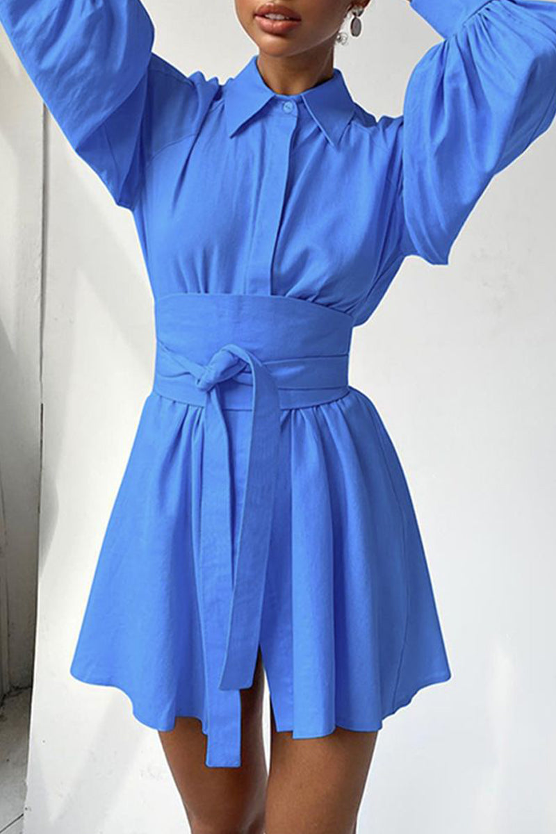 Kaynafashions - Work Elegant Solid Bandage Turndown Collar Waist Skirt Dresses