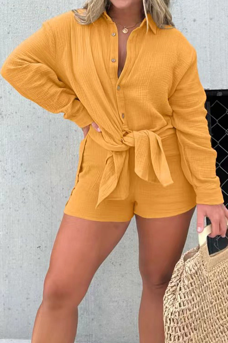 Kaynafashions - Casual Solid Patchwork Turndown Collar Long Sleeve Two Pieces