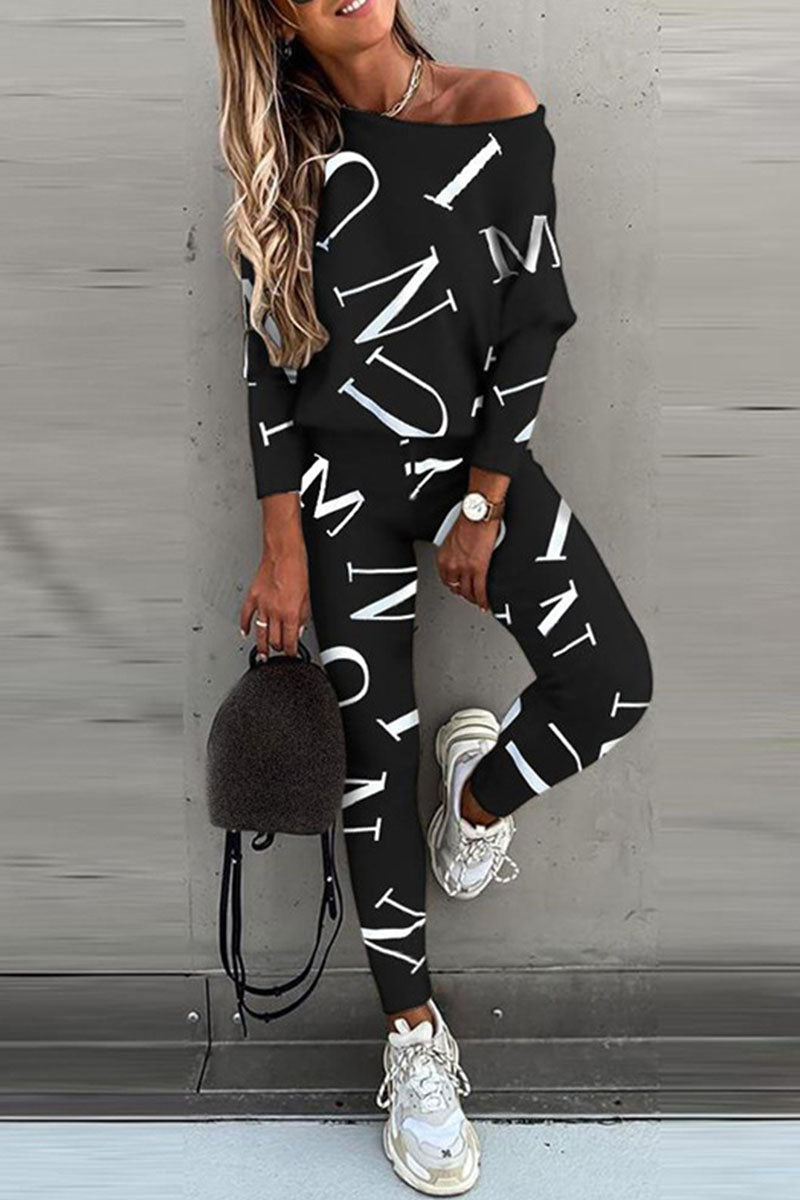 Kaynafashions - Fashion Casual Letter Oblique Collar Long Sleeve Two Pieces