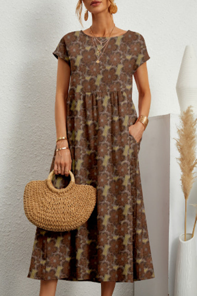Kaynafashions - Casual Floral Pocket O Neck Printed Dress Dresses(9 Colors)