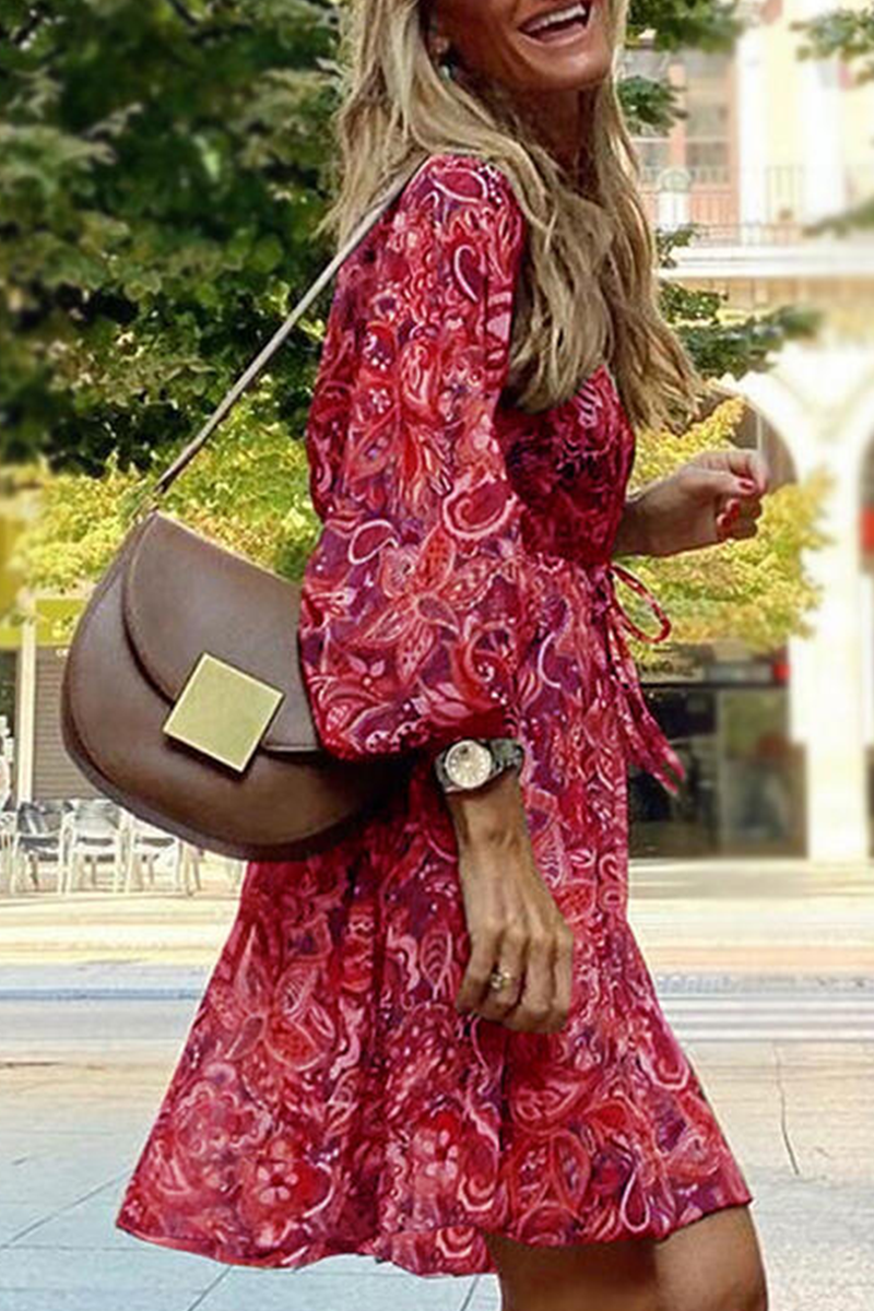 Kaynafashions - Casual Print Patchwork V Neck Cake Skirt Dresses