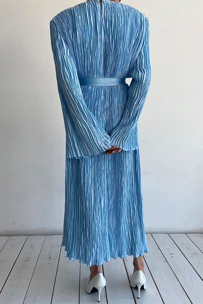 Kaynafashions - Elegant Solid Fold With Belt O Neck A Line Dresses