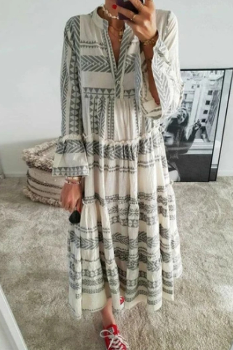 Kaynafashions - Sexy Geometric Print Flounce Asymmetrical Printing V Neck Beach Dresses