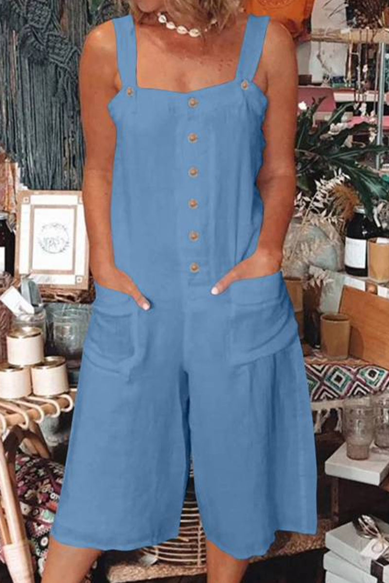 Kaynafashions - Casual Daily Solid Pocket Buttons Square Collar Loose Jumpsuits