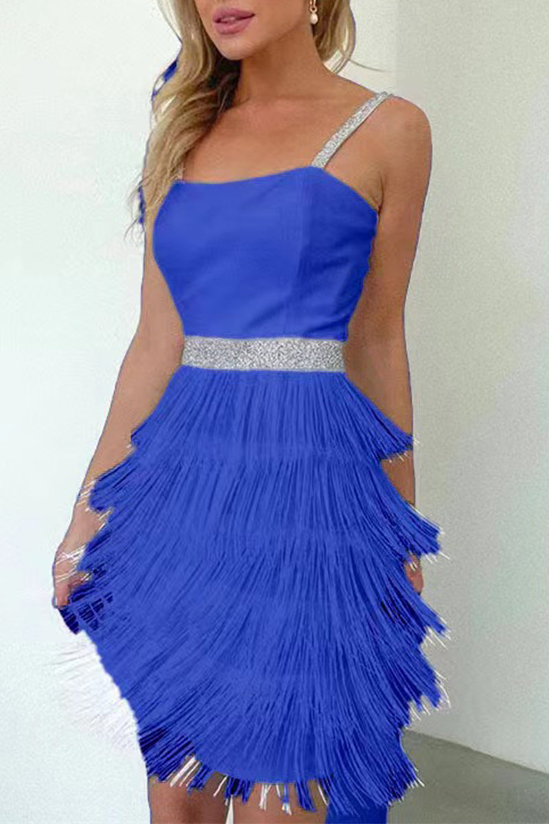 Kaynafashions - Sexy Party Solid Tassel Square Collar Sling Dress Dresses(3 Colors)