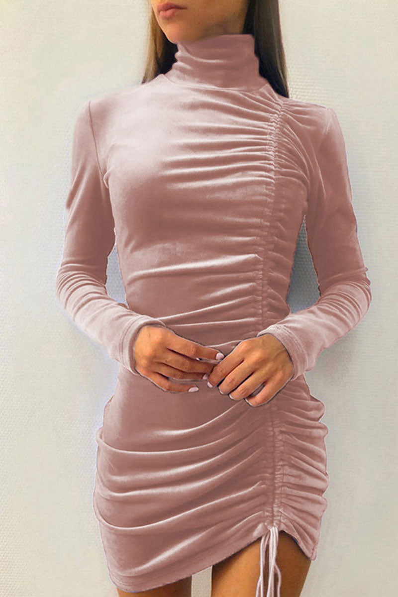 Kaynafashions - Sexy Elegant Solid Draw String Half A Turtleneck Wrapped Skirt Dresses(8 colors)