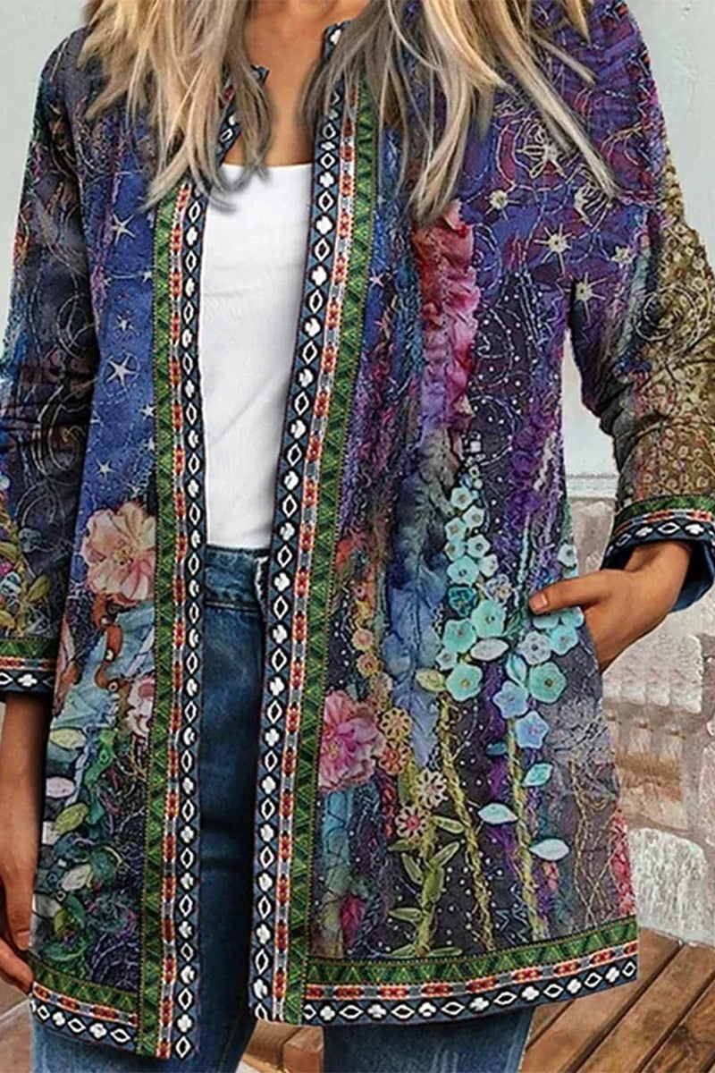 Kaynafashions - Casual Print Pocket O Neck Outerwear