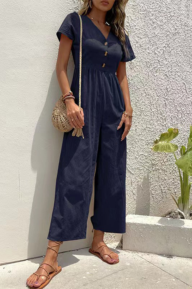 Kaynafashions - Casual Solid Buttons V Neck Loose Jumpsuits(5 Colors)
