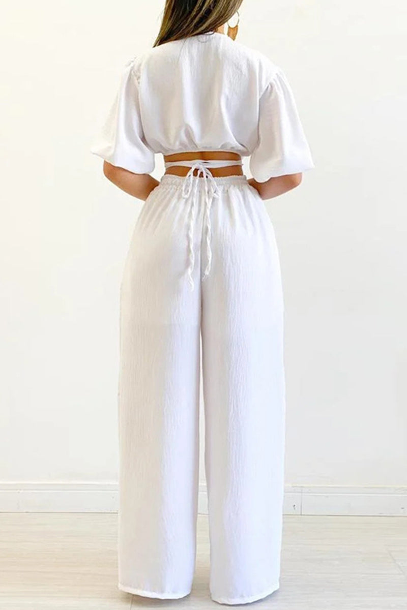 Kaynafashions - Casual Simplicity Solid Frenulum V Neck Short Sleeve Two Pieces