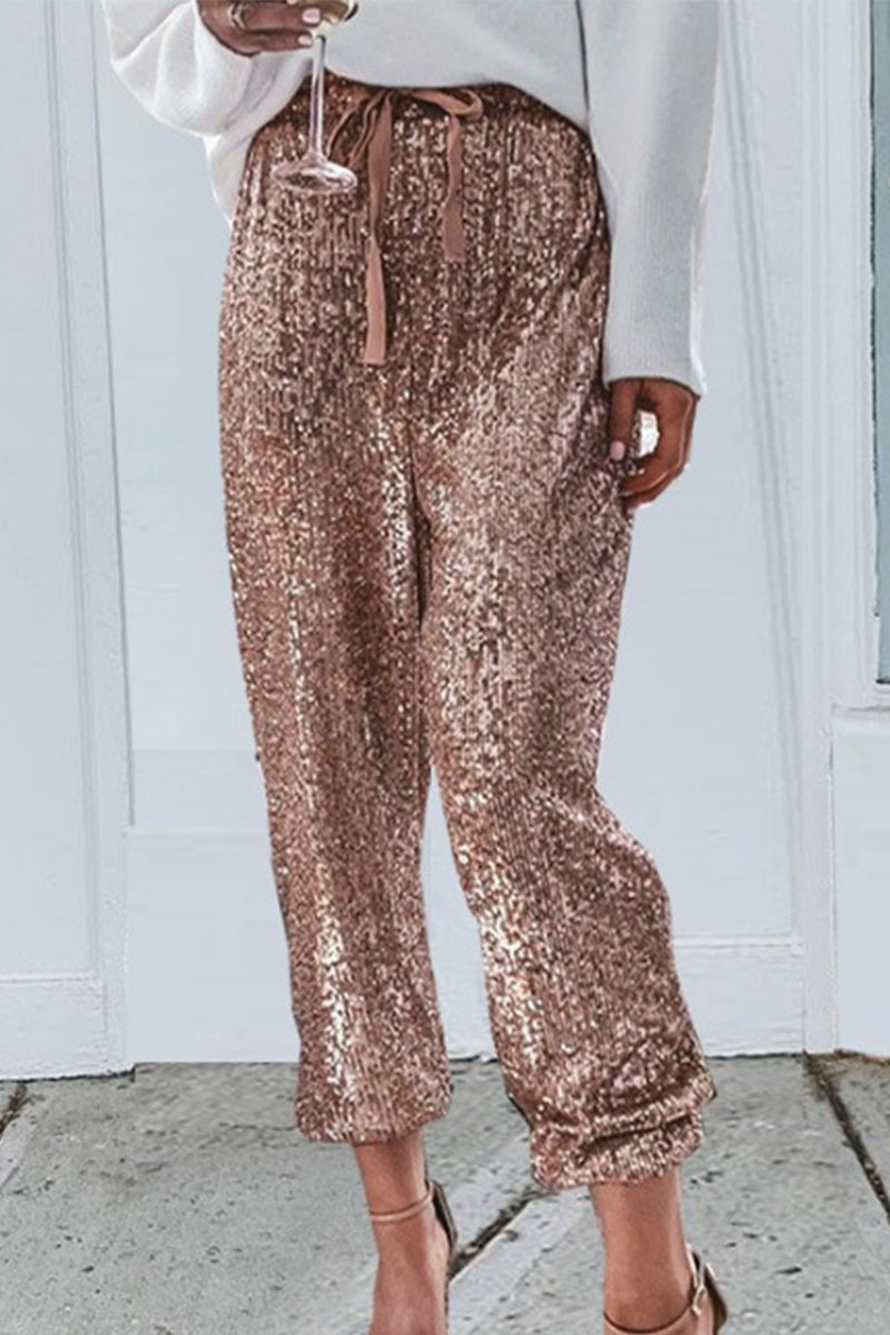 Kaynafashions - Simplicity Solid Sequins Flounce Straight High Waist Harlan Patchwork Bottoms(4 Colors)