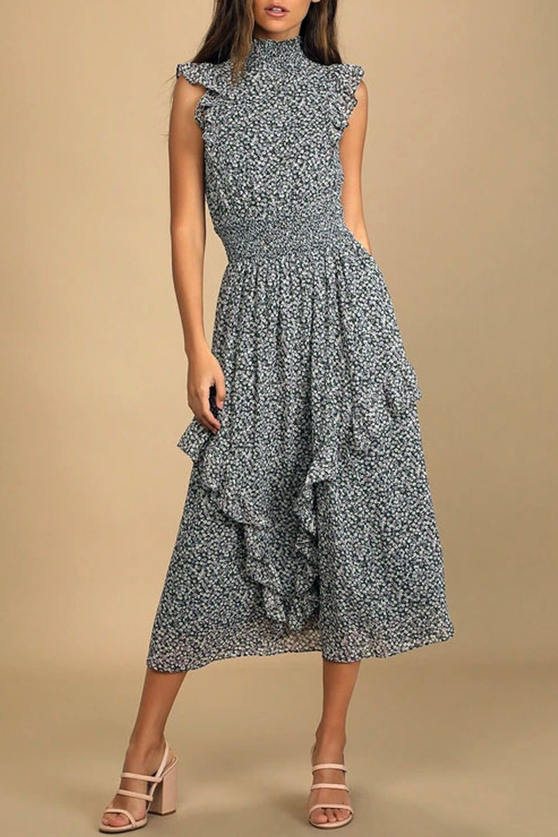 Kaynafashions - Elegant College Floral Patchwork Turtleneck Waist Skirt Dresses