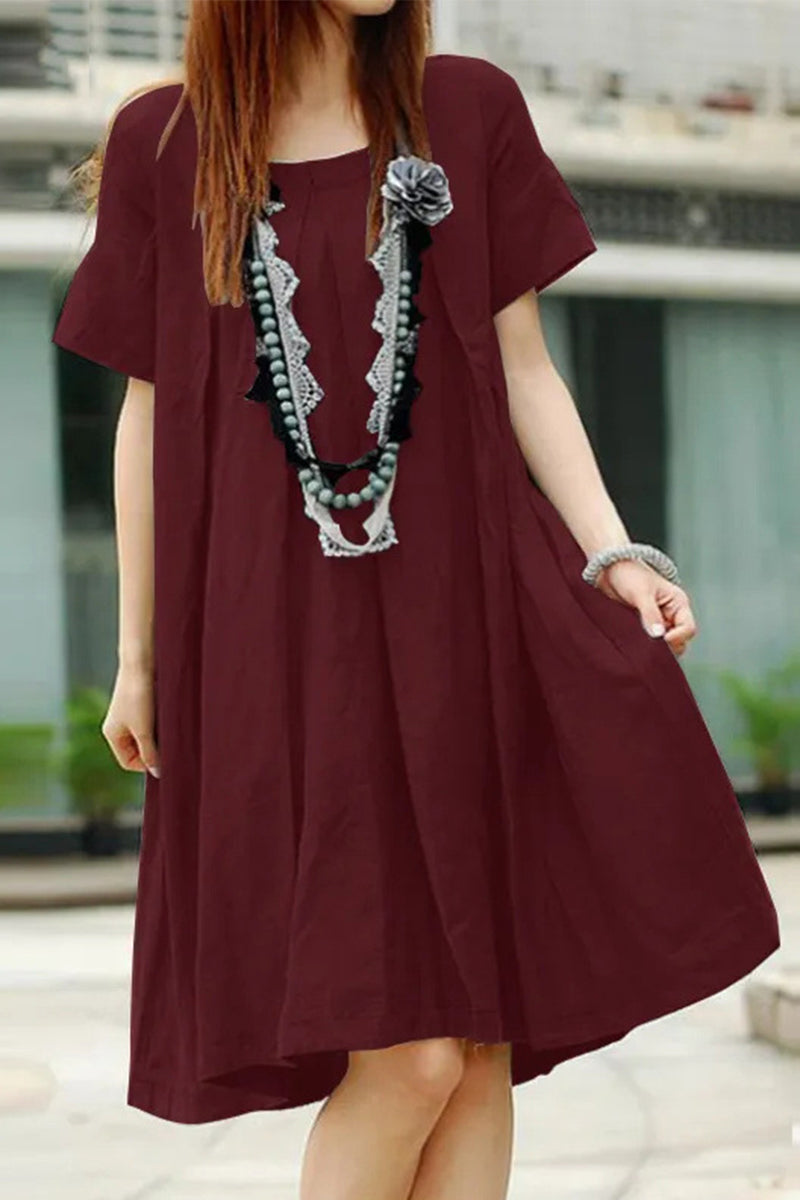 Kaynafashions - Casual Solid Fold O Neck A Line Short Sleeve Dress