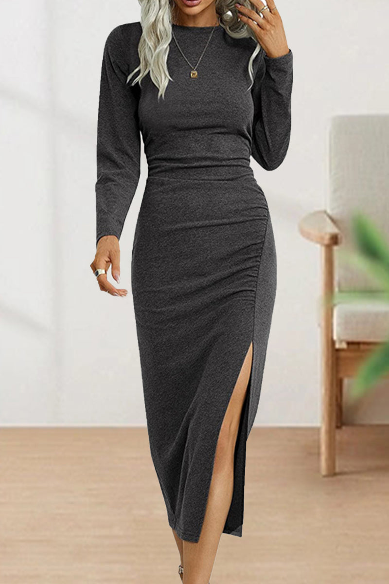 Kaynafashions - Sweet Elegant Solid Fold O Neck Sheath Dresses(6 Colors)