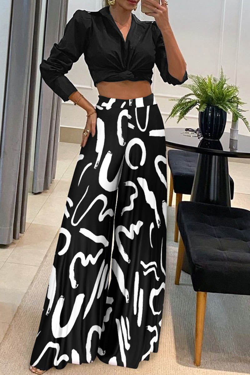 Kaynafashions - Casual Print Patchwork Turndown Collar Long Sleeve Two Pieces(2 Colors)