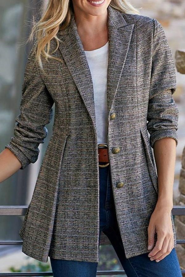 Kaynafashions - Fashion Street Plaid Patchwork Buckle Turn-back Collar Outerwear(3 Colors)