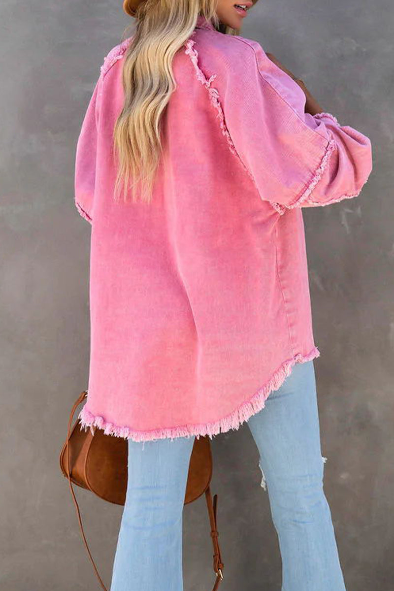 Kaynafashions - Fashion Tassel POLO collar Long Sleeve Straight Denim Jacket(3 Colors)