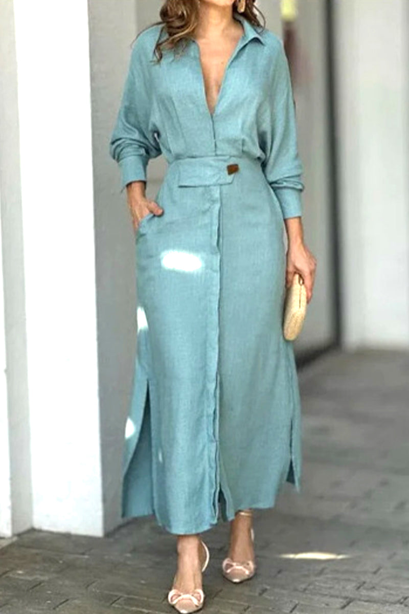 Kaynafashions - Casual Solid Patchwork Turndown Collar Shirt Dress Dresses