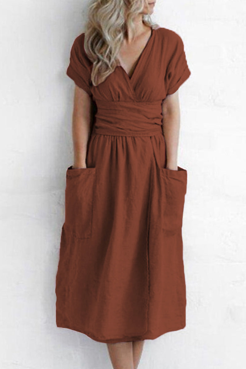 Kaynafashions - Fashion Street Solid Pocket V Neck A Line Dresses(4 colors)