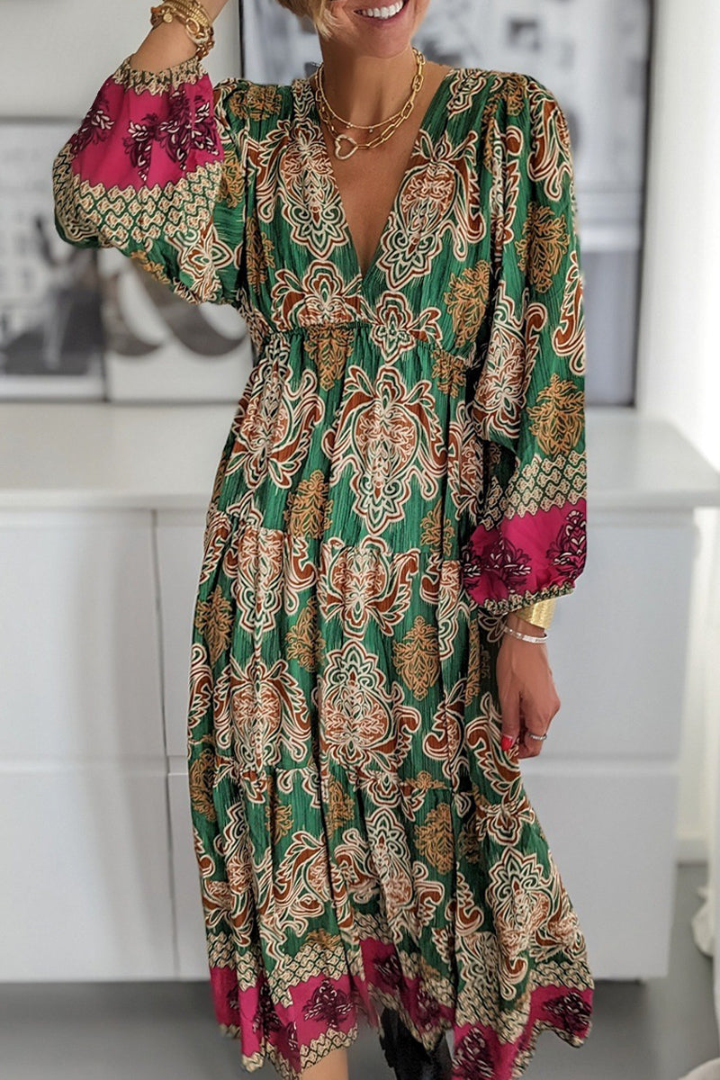 Kaynafashions - Elegant College Print Patchwork V Neck Printed Dress Dresses(4 Colors)