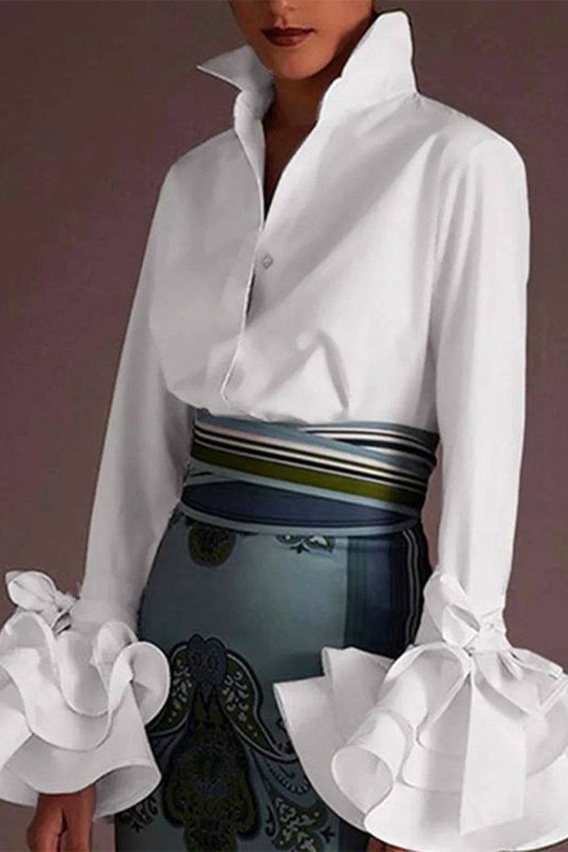 Kaynafashions - British Style Elegant Solid Buckle Turndown Collar Tops