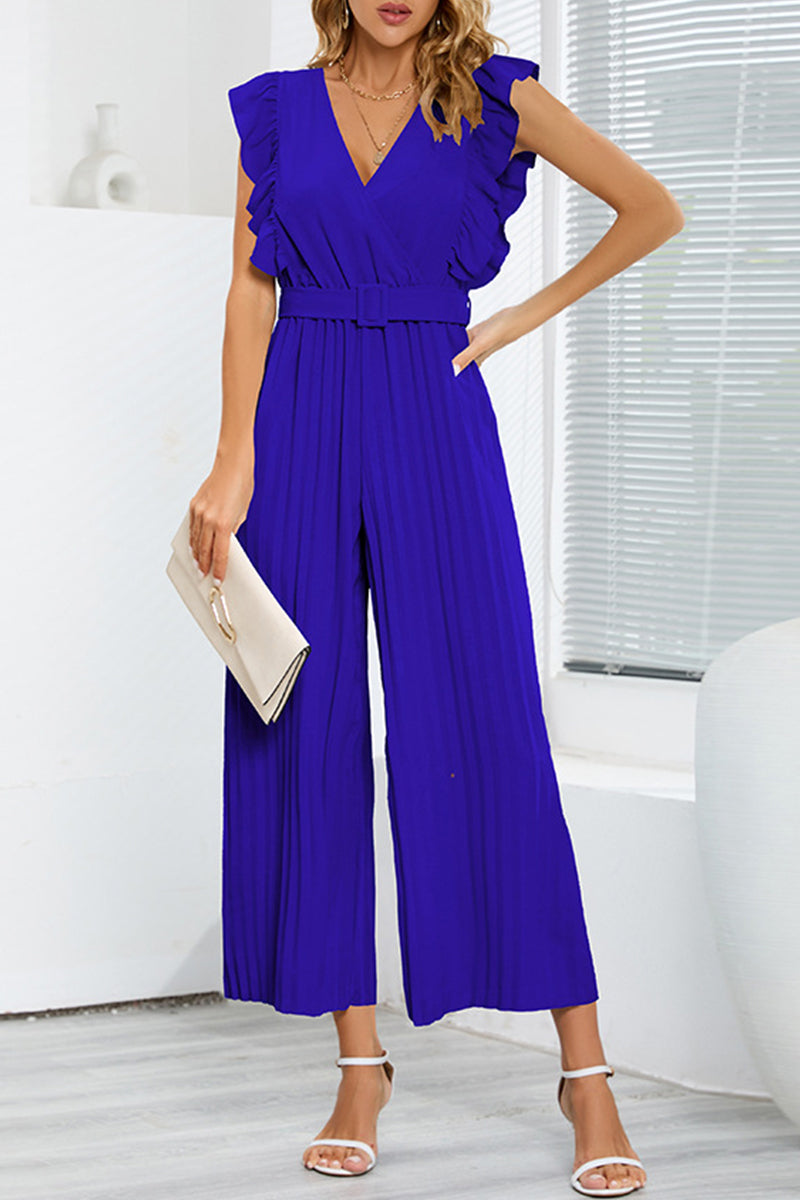 Kaynafashions - Casual Simplicity Solid With Belt V Neck Regular Jumpsuits