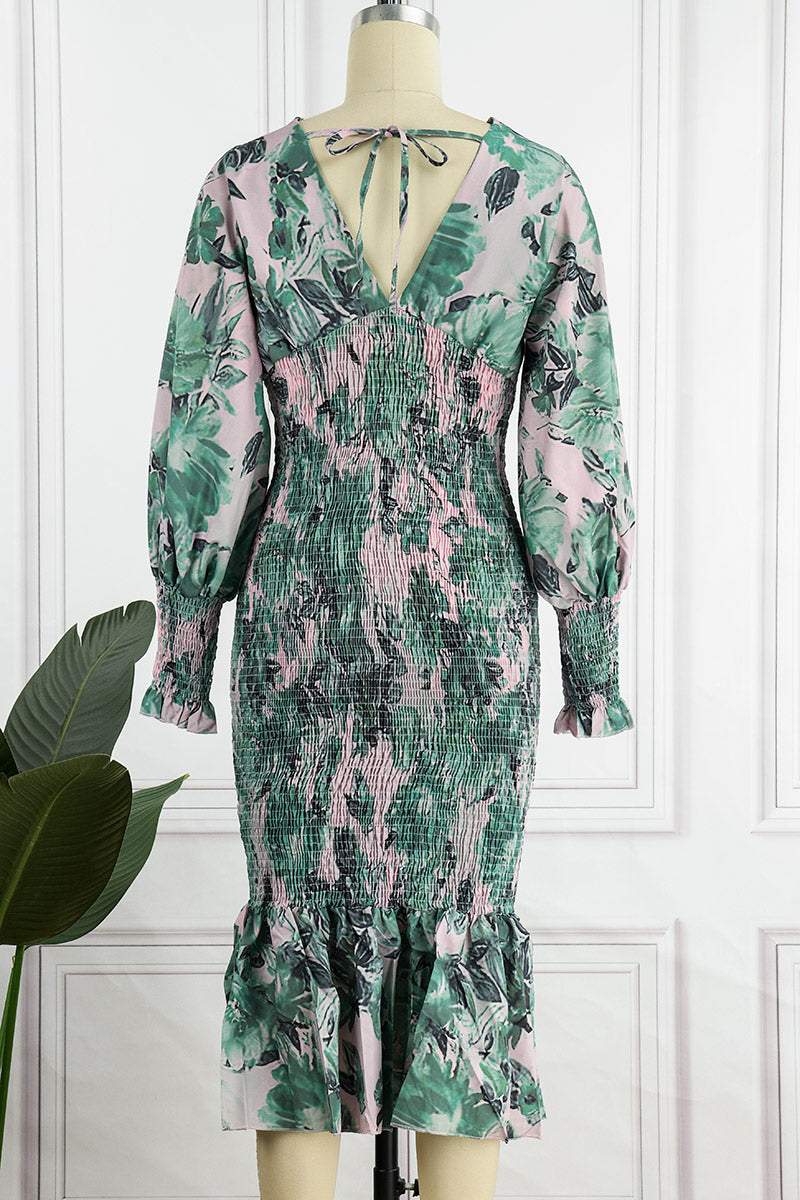 Kaynafashions - Sweet Elegant Print Patchwork V Neck Waist Skirt Dresses(4 Colors)