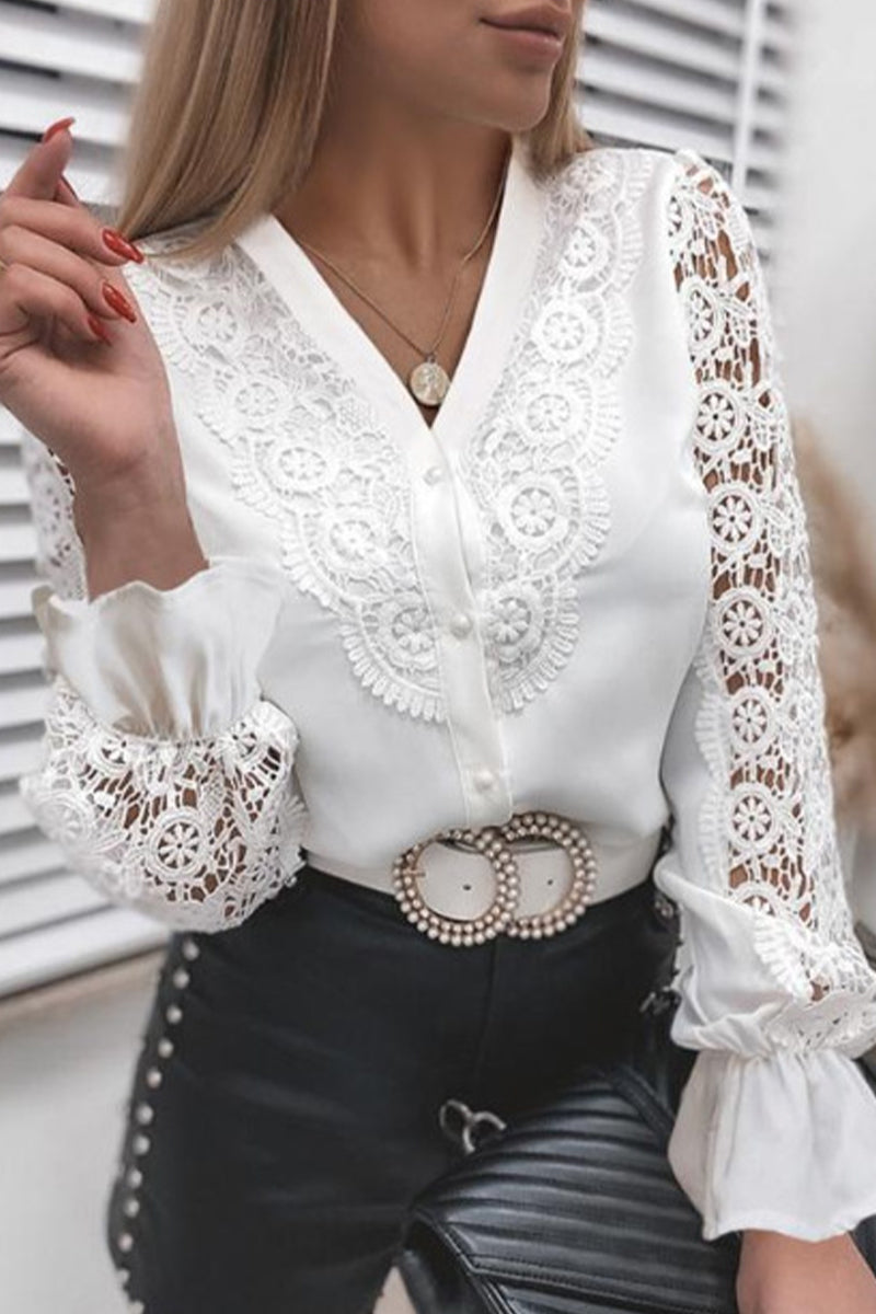 Kaynafashions - Work Solid Lace V Neck Blouses