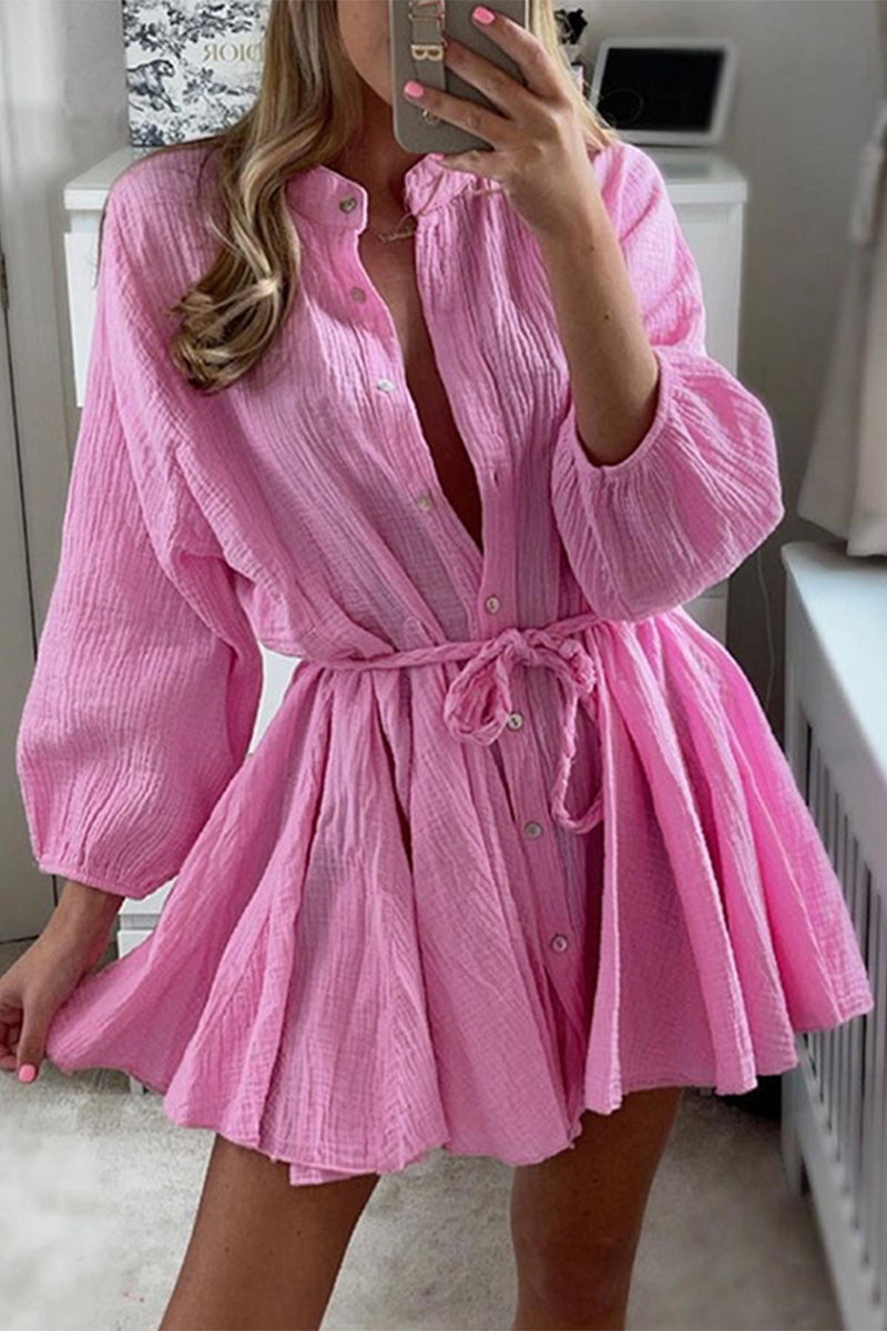 Kaynafashions - Solid Lace Up Button Ruffle Dresses(5 Colors)