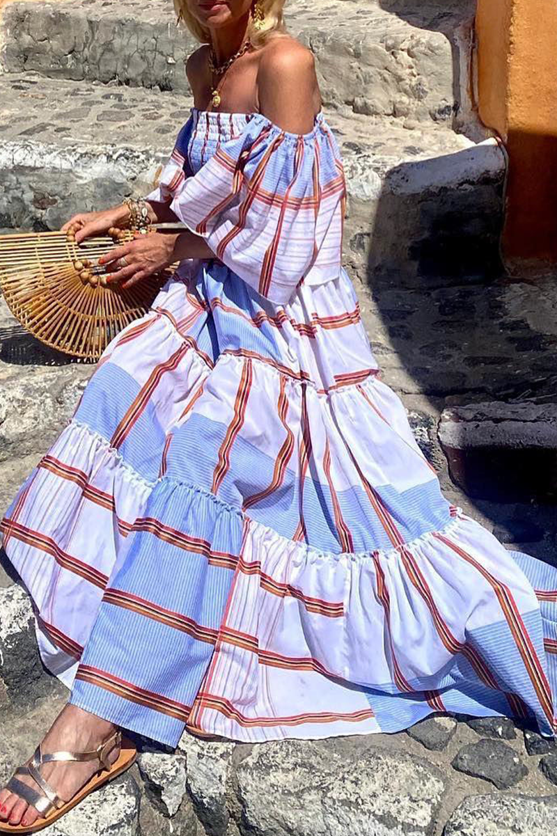 Kaynafashions - Fashion Print Patchwork Off the Shoulder Cake Skirt Dresses(3 Colors)