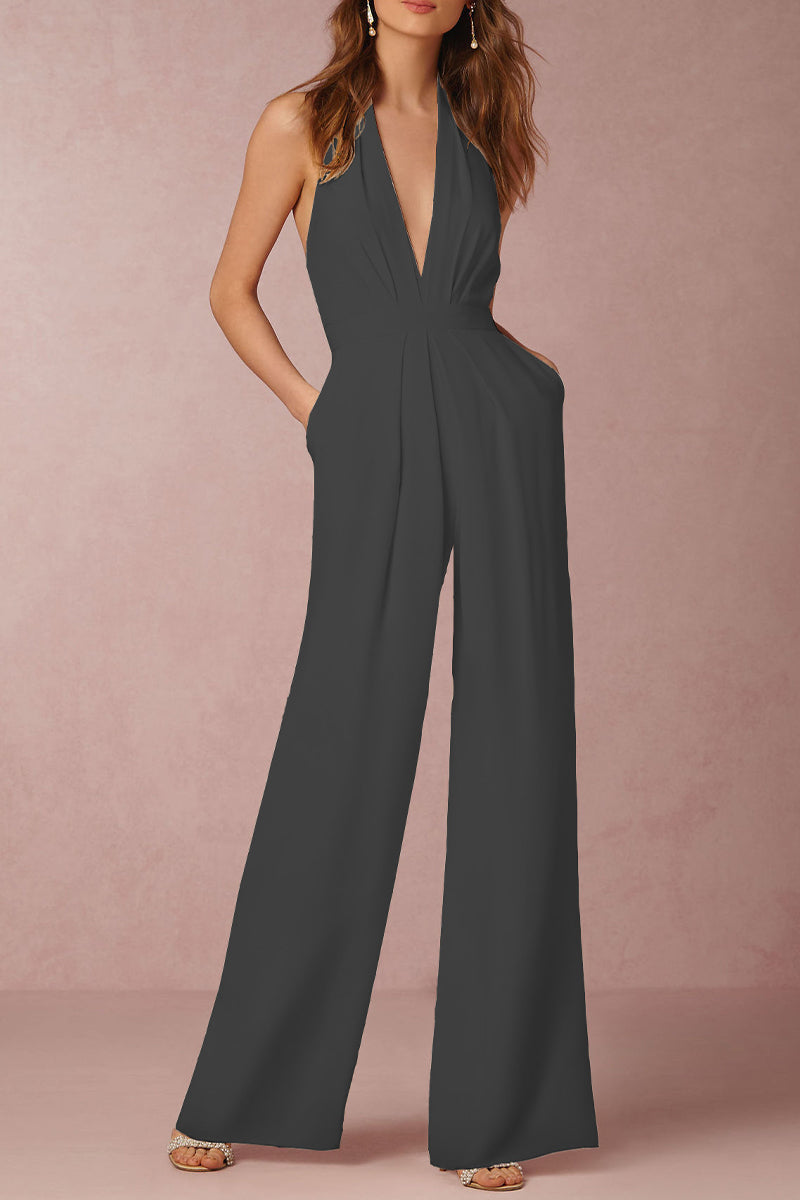 Kaynafashions - Sexy Elegant Solid Backless Fold V Neck Regular Jumpsuits(12 Colors)