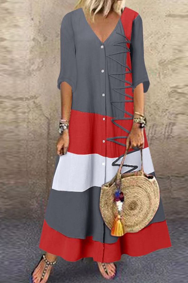 Kaynafashions - Fashion Patchwork Buttons V Neck Straight Dresses(4 colors)