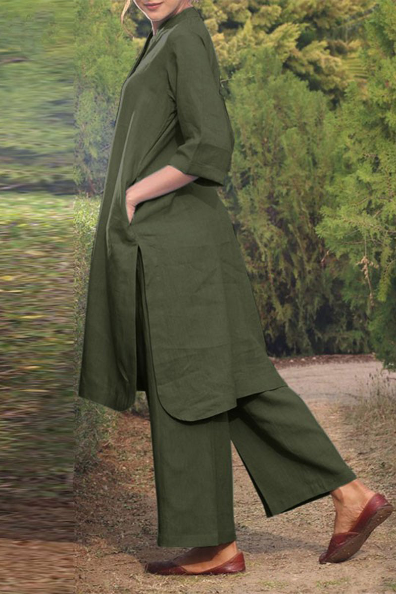 Kaynafashions - Casual Solid Pocket O Neck Long Sleeve Two Pieces