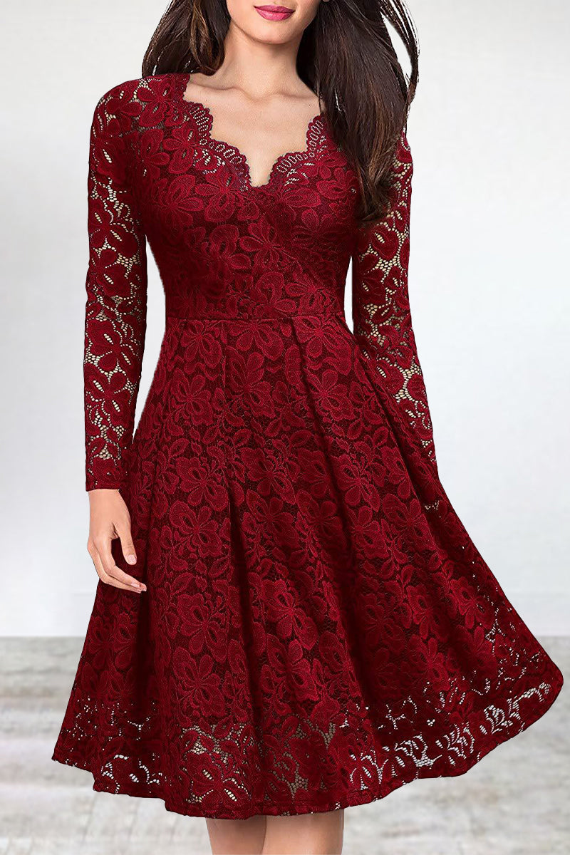 Kaynafashions - Celebrities Elegant Solid Lace V Neck A Line Dresses(5 Colors)